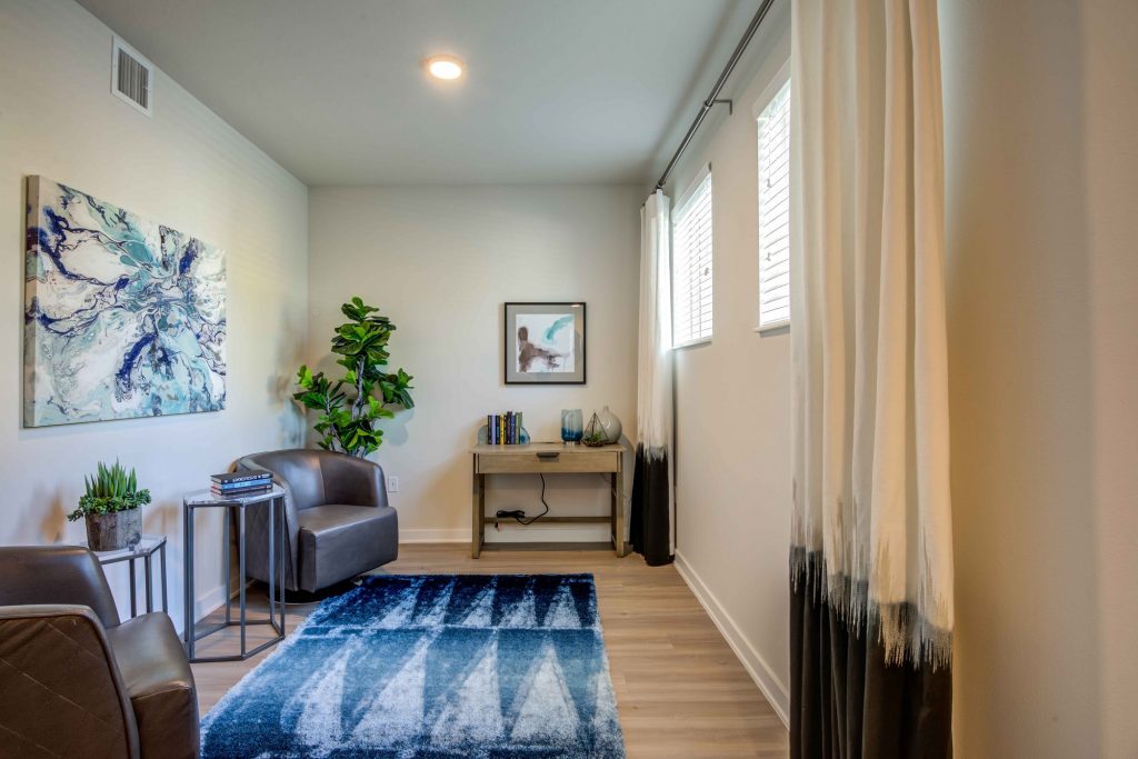 Office room area with chair seating, rug, wall paintings, and windows